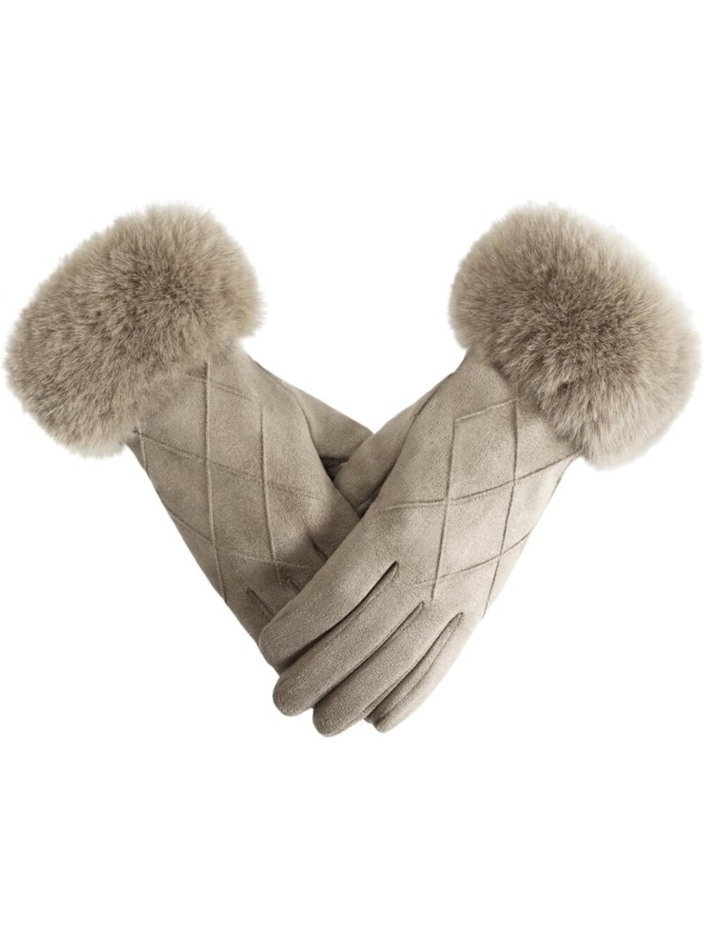 Women's Beige Suede Gloves with Faux Fur Cuffs Touchscreen Fleece Lined Plush